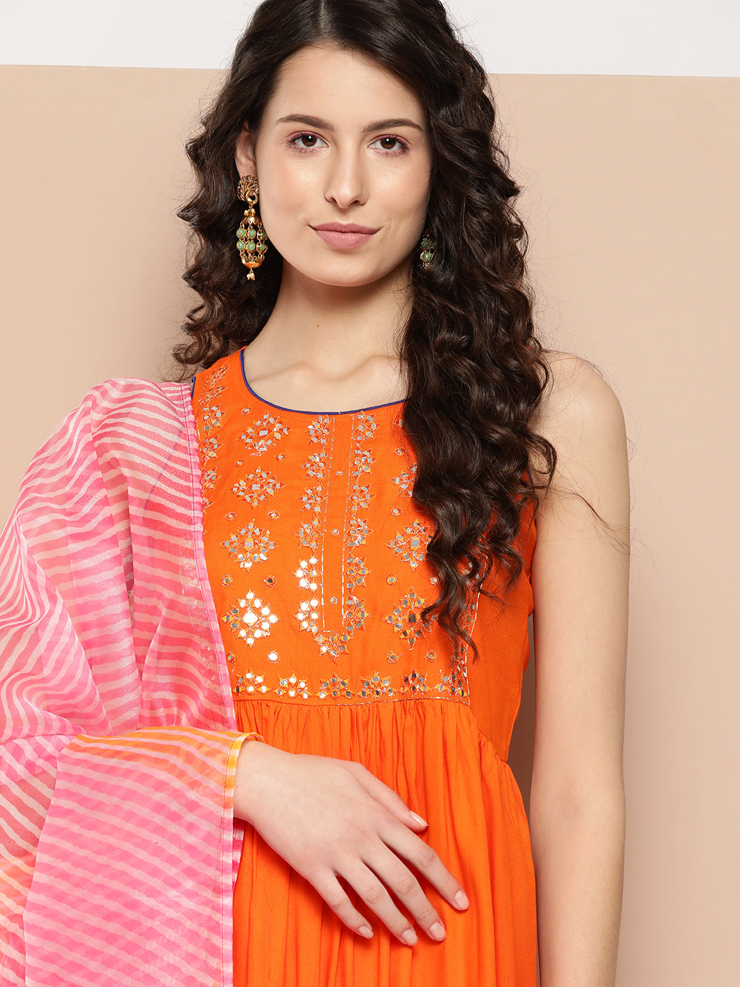PINK & YELLOW - PARTY WEAR GOWN WITH NECK LINE HAND WORK & DUPATTA